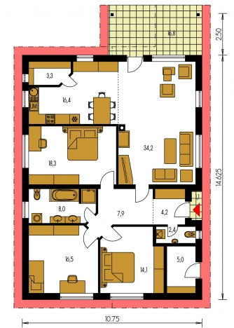 Spiegelverkehrter Entwurf | Grundriss des Erdgeschosses - BUNGALOW 130